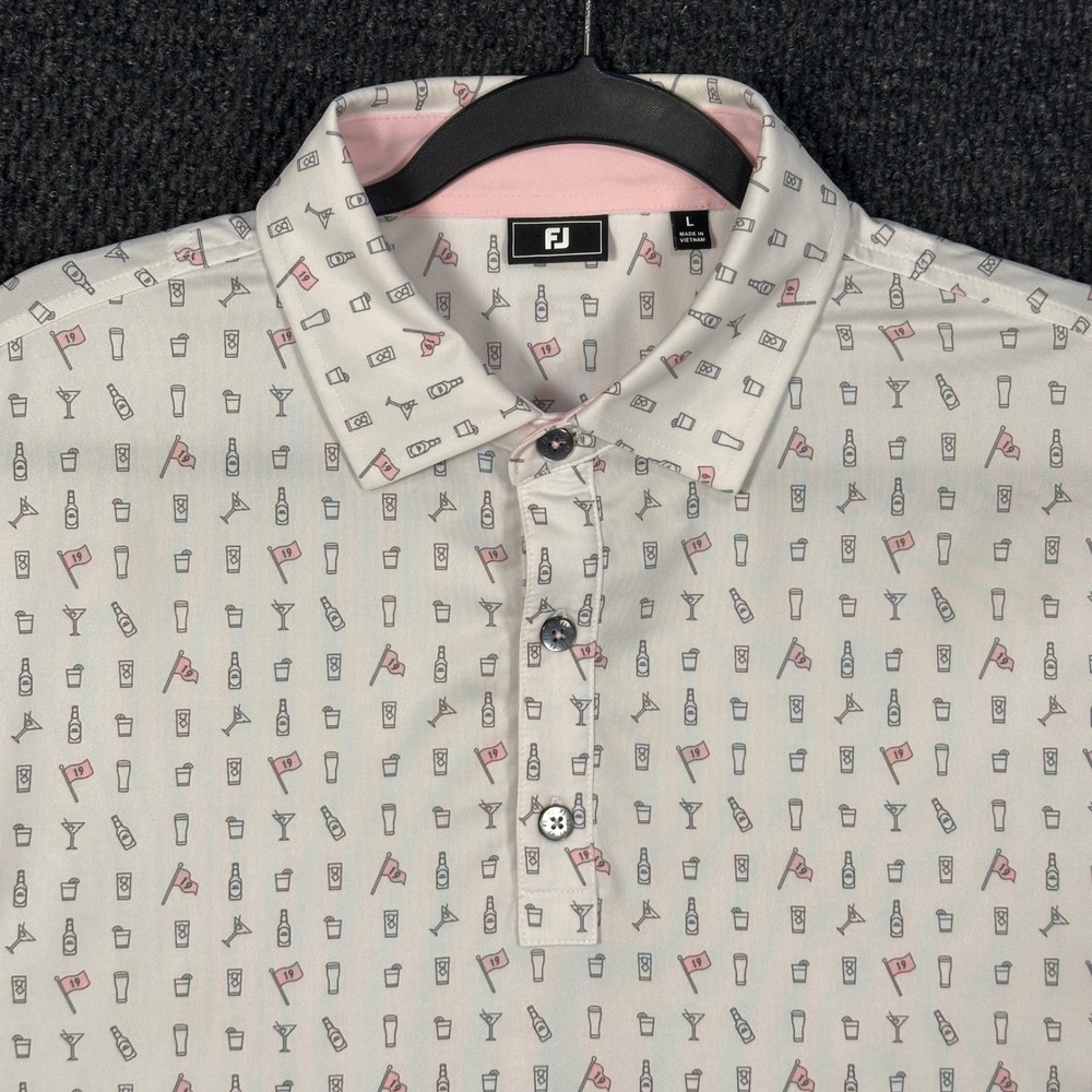 FootJoy 19th Hole Golf Polo Shirt Mens L White Drinks Kissing Tree Golf Club
